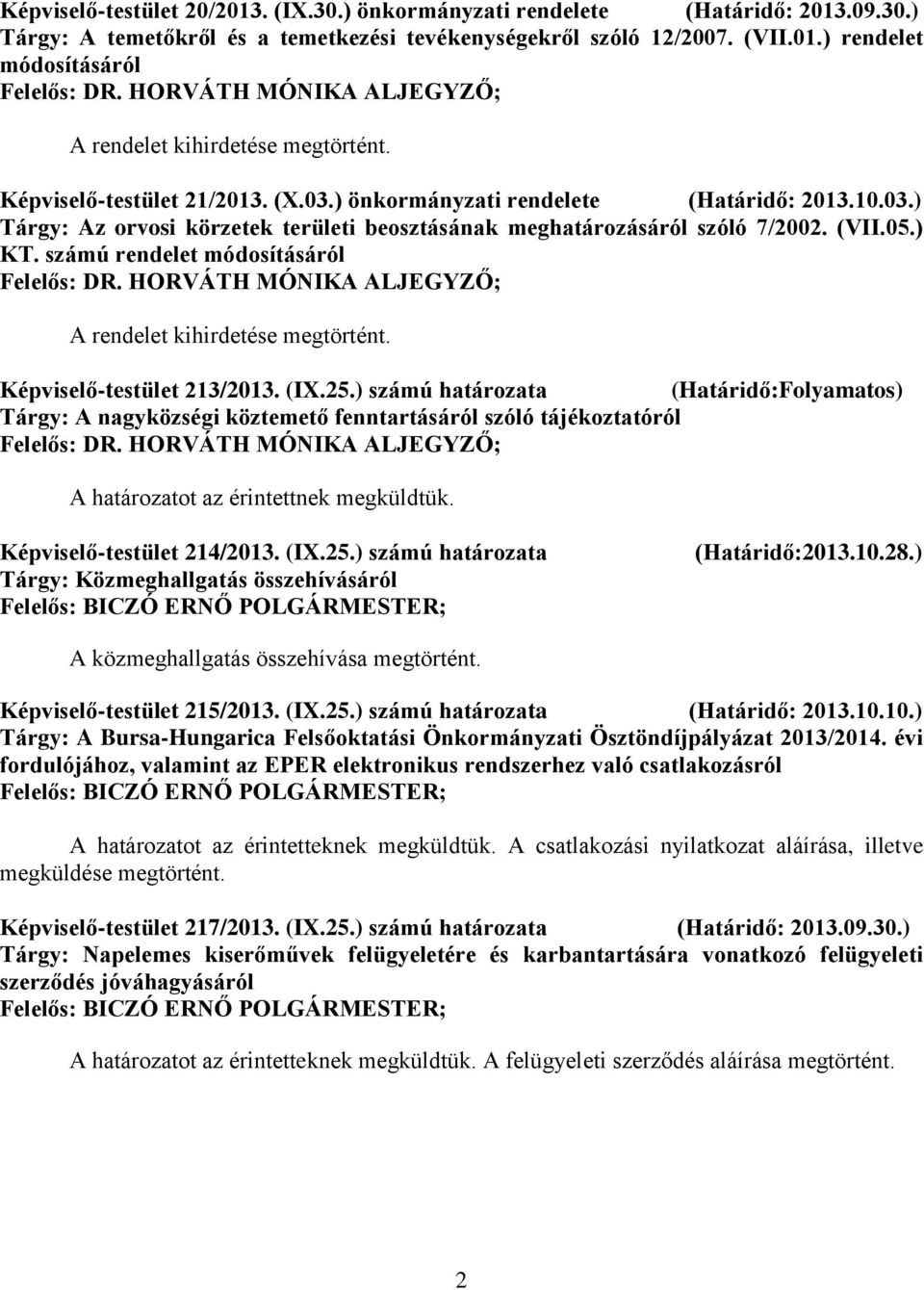 számú rendelet módosításáról A rendelet kihirdetése megtörtént. Képviselő-testület 213/2013. (IX.25.