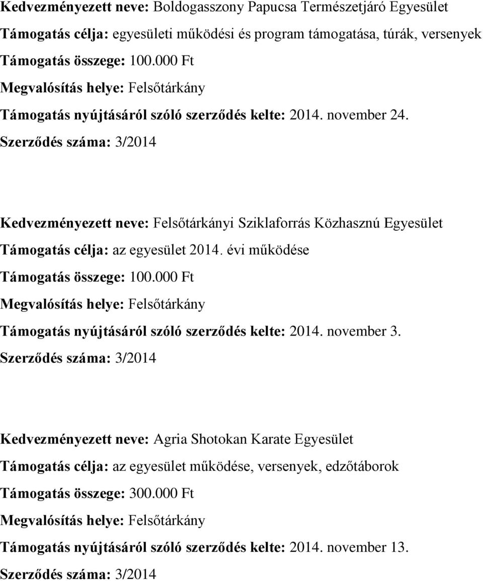 Kedvezményezett neve: Felsőtárkányi Sziklaforrás Közhasznú Egyesület Támogatás célja: az egyesület 2014.