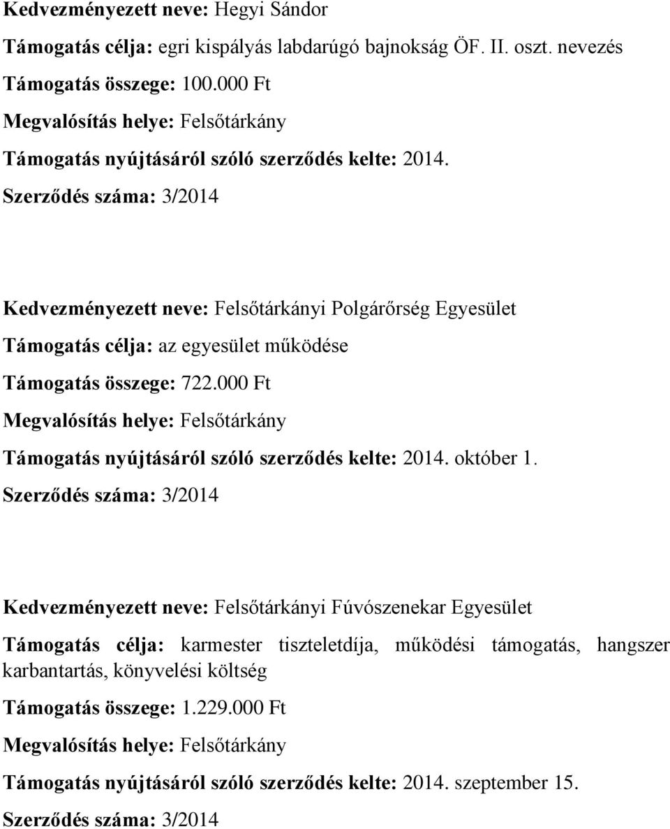 Kedvezményezett neve: Felsőtárkányi Polgárőrség Egyesület Támogatás célja: az egyesület működése Támogatás összege: 722.