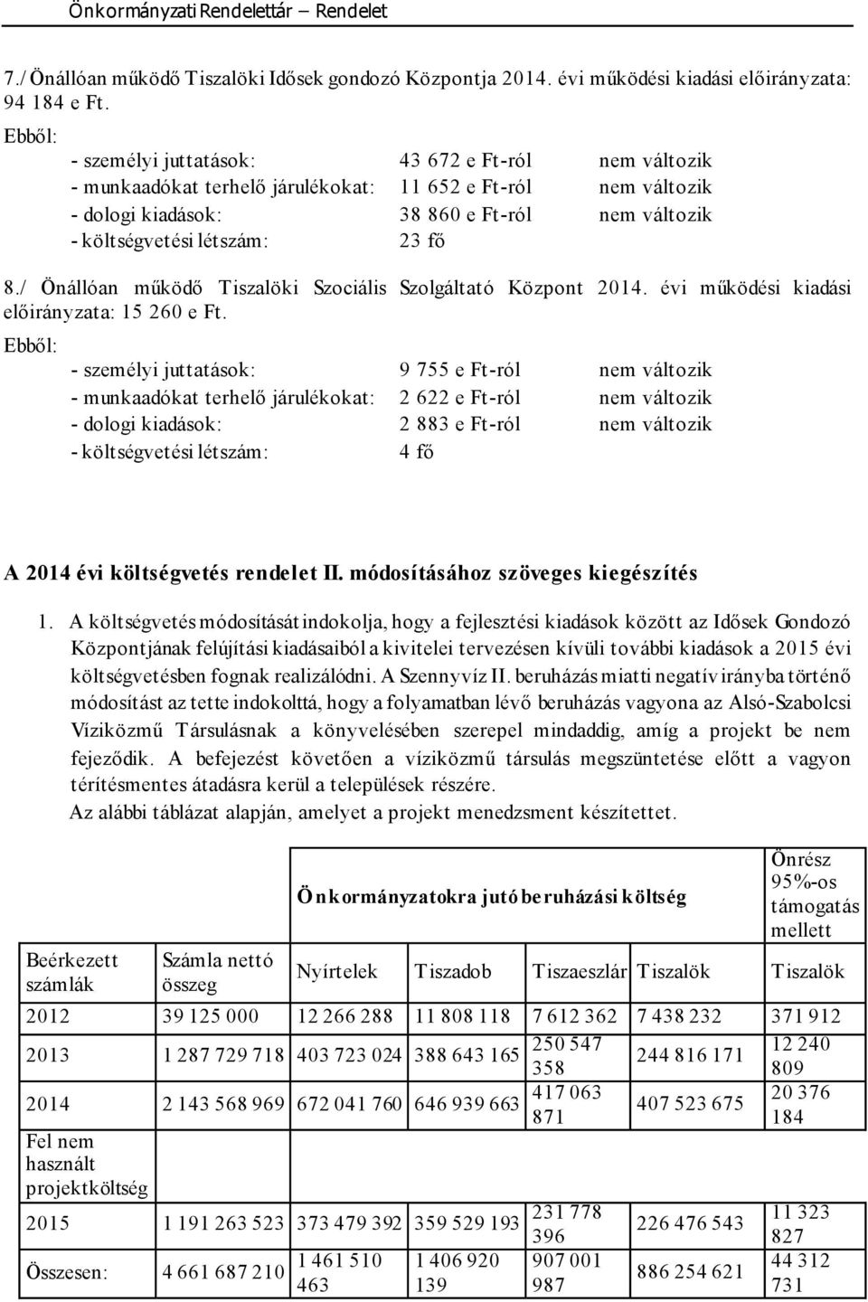 / Önállóan működő Tiszalöki Szociális Szolgáltató Központ 2014. évi működési kiadási előirányzata: 15 260 e Ft.