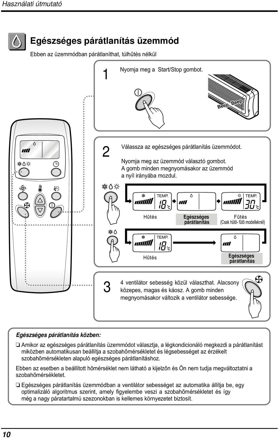 Hûtés Egészséges párátlanítás Fûtés (Csak hûtõ- fûtõ modelleknél) Hûtés Egészséges párátlanítás 3 4 ventilátor sebesség közül választhat. Alacsony közepes, magas és káosz.