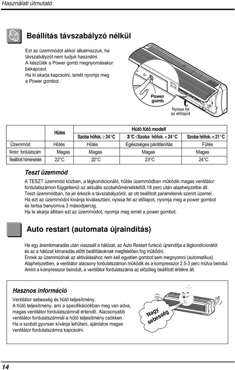 < 1 C Üzemmód Hûtés Hûtés Egészséges párátlanítás Fûtés Motorofordulatszám Magas Magas Magas Magas Beállított hõmérséklet C C 3 C 4 C Teszt üzemmód A TESZT üzemmód közben, a légkondicionáló, hûtés