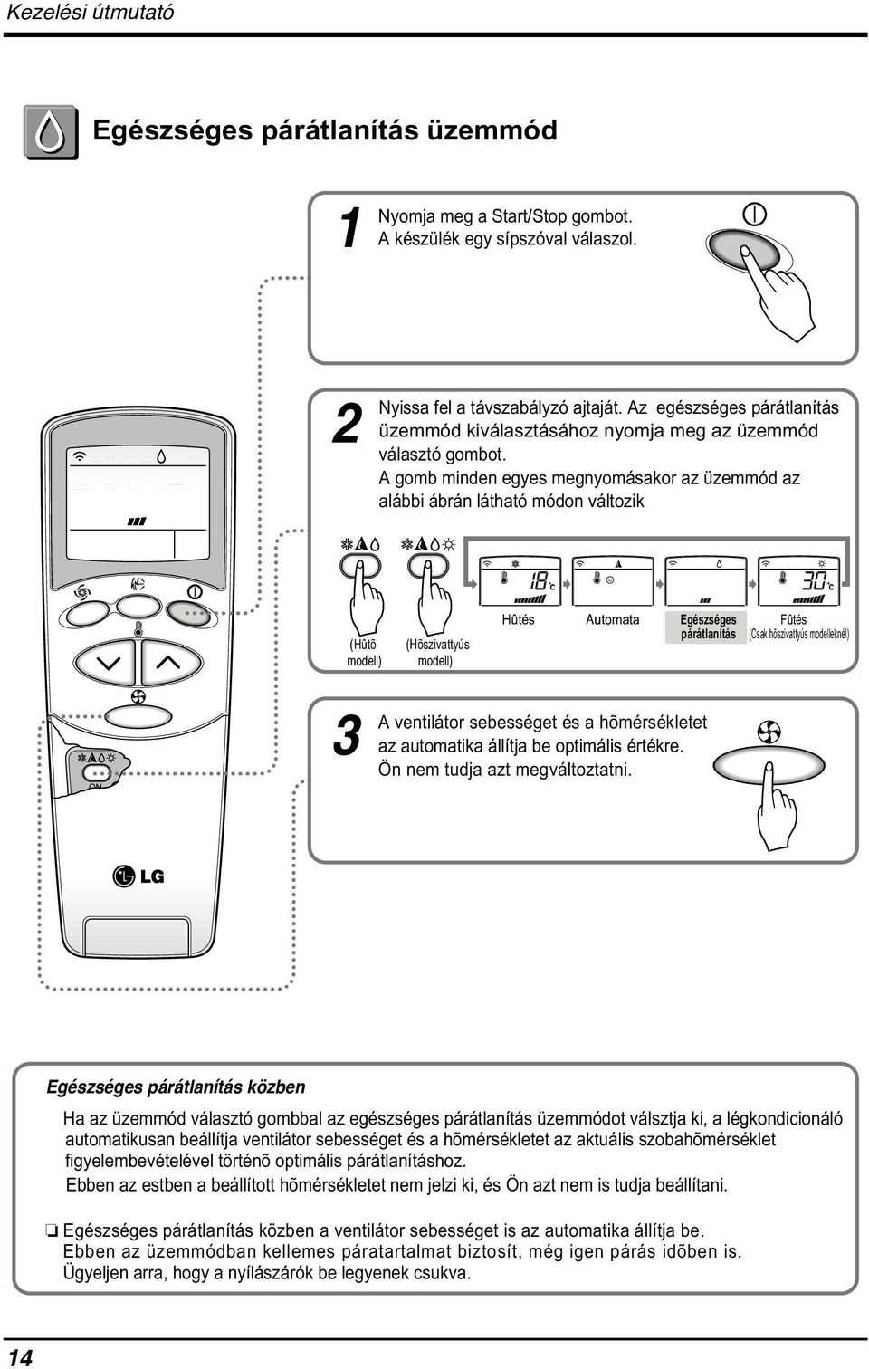 A gomb minden egyes megnyomásakor az üzemmód az alábbi ábrán látható módon változik (Hûtõ modell) (Hõszivattyús modell) Hûtés Automata Egészséges párátlanítás Fûtés (Csak hõszivattyús modelleknél) ON