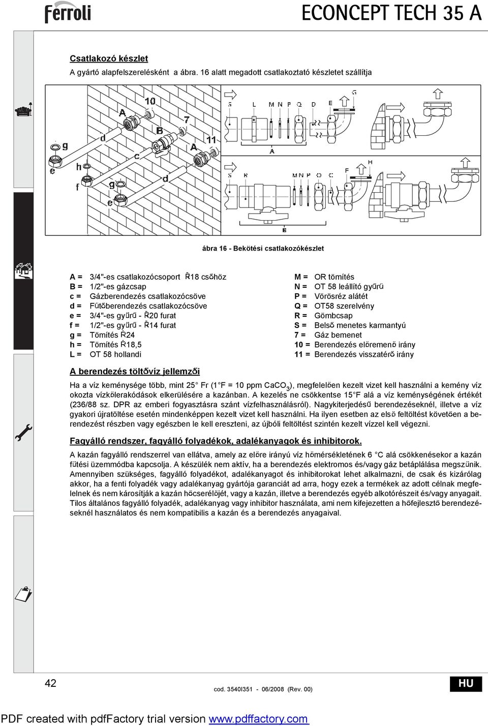 berendezés csatlakozócsöve e = 3/4"-es gy r - 20 furat f = 1/2"-es gy r - 14 furat g = Tömítés 24 h = Tömítés 18,5 L = OT 58 hollandi M = OR tömítés N = OT 58 leállító gy r P = Vörösréz alátét Q =