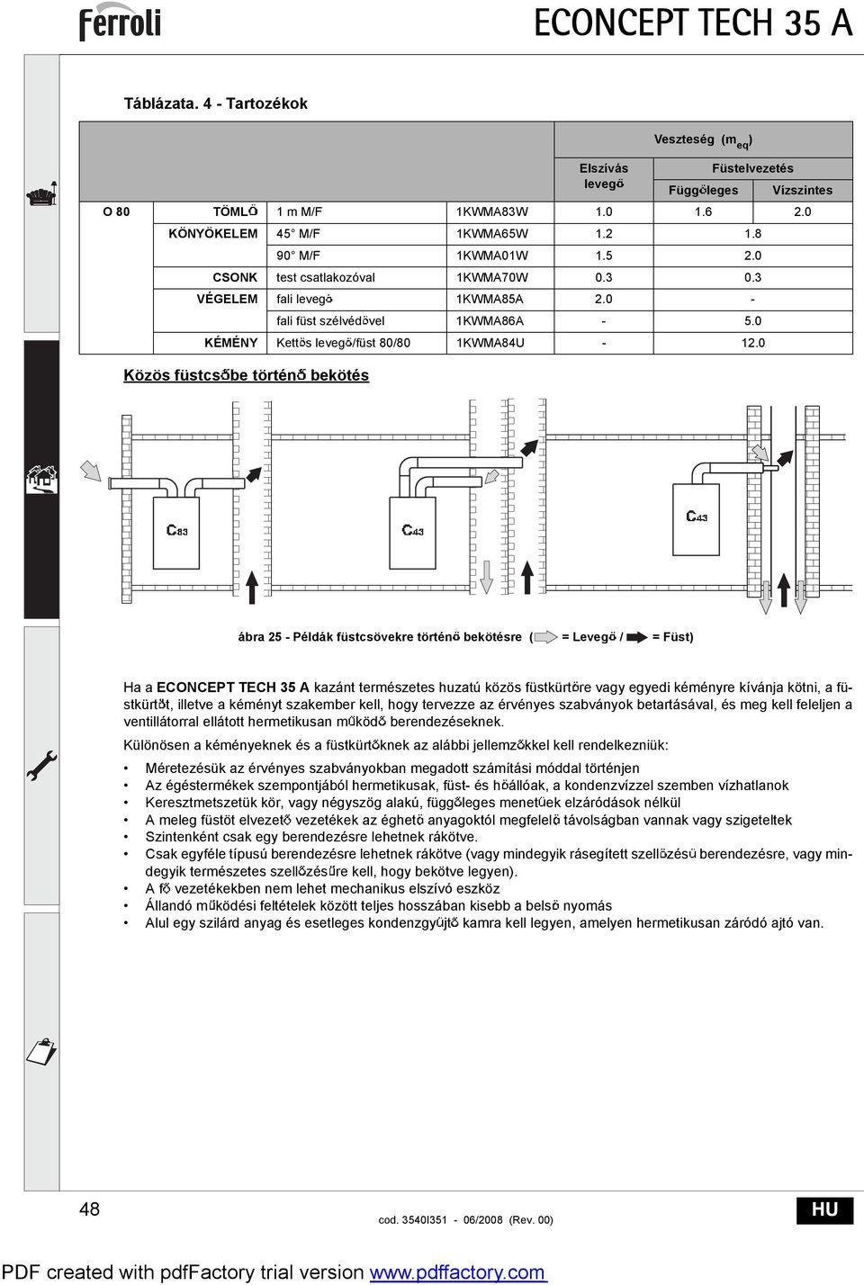 0 ábra 25 - Példák füstcsövekre történ bekötésre ( = Leveg / = Füst) Ha a ECONCEPT TECH 35 A kazánt természetes huzatú közös füstkürt re vagy egyedi kéményre kívánja kötni, a füstkürt t, illetve a