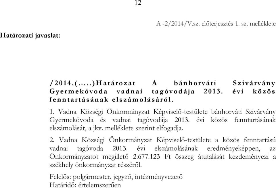 3. é v i k ö z ö s f e n n t a rt á sán ak e l s zá m o lá s á r ó l. 1. Vadna Községi Önkormányzat Képviselő-testülete bánhorváti Szivárvány Gyermekóvoda és vadnai tagóvodája 2013.