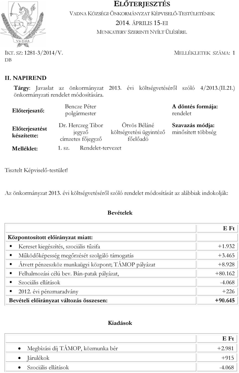 Előterjesztő: Bencze Péter A döntés formája: rendelet Előterjesztést készítette: Dr.