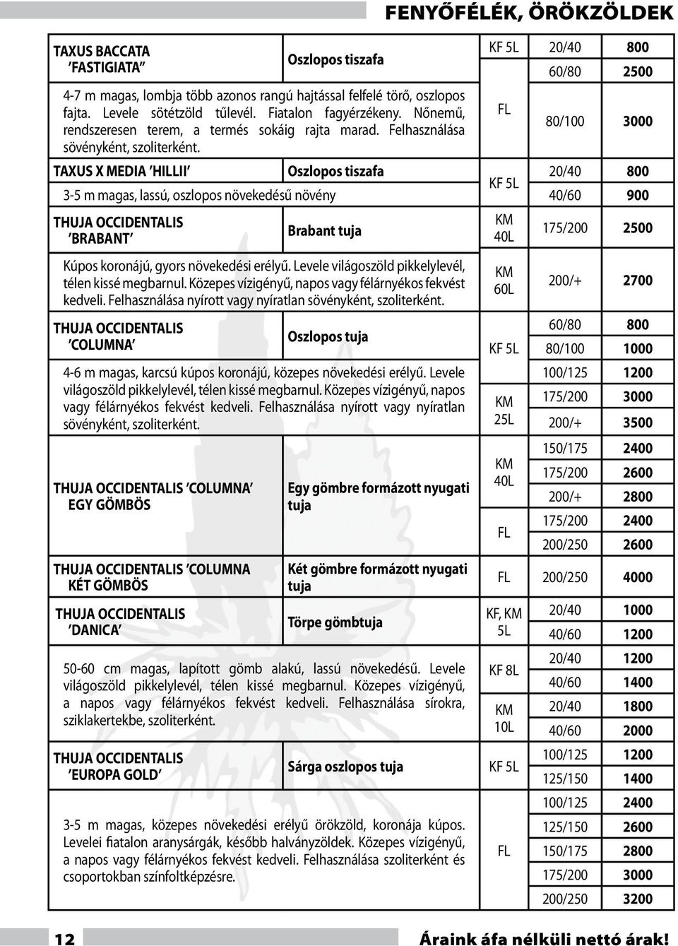TAXUS X MEDIA HILLII Oszlopos tiszafa 20/40 800 3-5 m magas, lassú, oszlopos növekedésű növény 40/60 900 THUJA OCCIDENTALIS BRABANT Brabant tuja Kúpos koronájú, gyors növekedési erélyű.