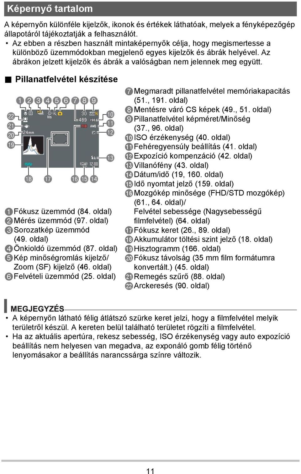 Az ábrákon jelzett kijelzők és ábrák a valóságban nem jelennek meg együtt.. Pillanatfelvétel készítése cm cl ck bt 123456789 bs br bqbpbo bk bl bm bn 1Fókusz üzemmód (84. oldal) 2Mérés üzemmód (97.