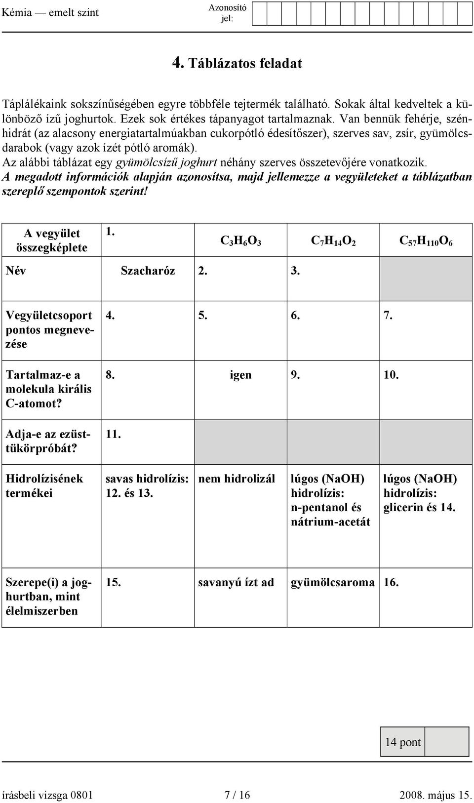 Az alábbi táblázat egy gyümölcsízű joghurt néhány szerves összetevőjére vonatkozik. A megadott információk alapján azonosítsa, majd jellemezze a vegyületeket a táblázatban szereplő szempontok szerint!