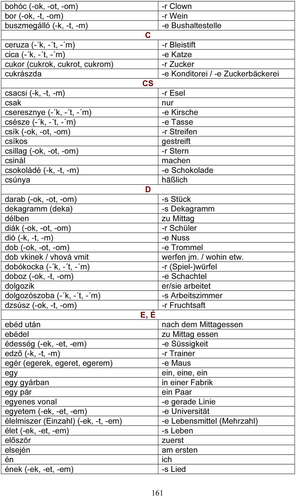 dob (-ok, -ot, -om) dob vkinek / vhová vmit dobókocka (- k, - t, - m) doboz (-ok, -t, -om) dolgozik dolgozószoba (- k, - t, - m) dzsúsz (-ok, -t, -om) ebéd után ebédel édesség (-ek, -et, -em) edző