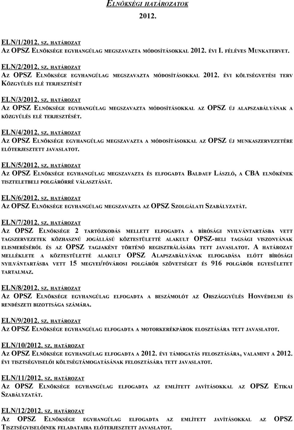 HATÁROZAT AZ OPSZ ELNÖKSÉGE EGYHANGÚLAG MEGSZAVAZTA A MÓDOSÍTÁSOKKAL AZ OPSZ ÚJ MUNKASZERVEZETÉRE ELŐTERJESZTETT JAVASLATOT. ELN/5/2012. SZ.