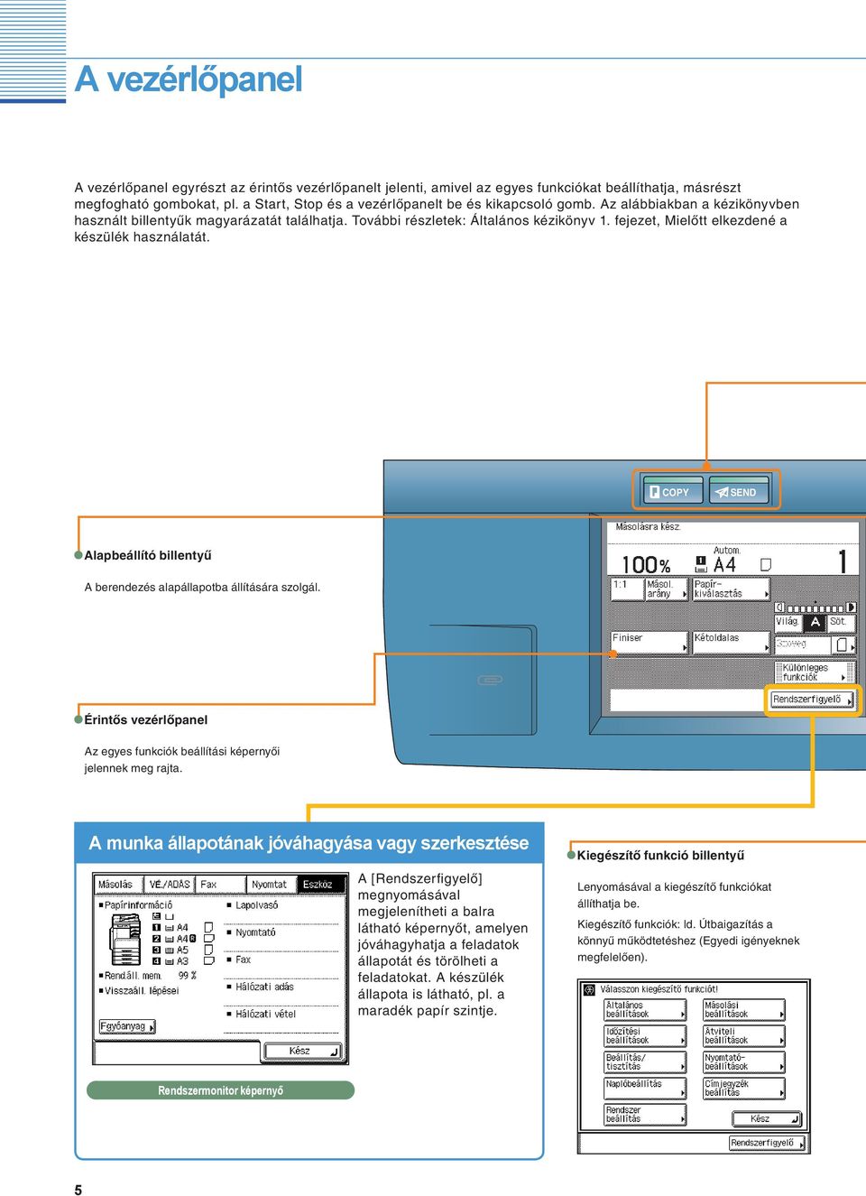 COPY SEND Alapbeállító billentyű A berendezés alapállapotba állítására szolgál. Érintős vezérlőpanel Az egyes beállítási képernyői jelennek meg rajta.