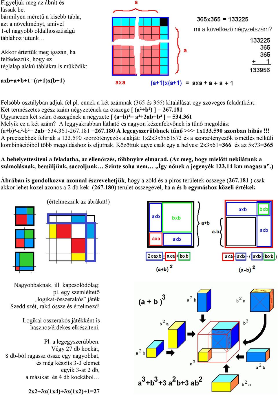 ennek a két számnak (365 és 366) kitalálását egy szöveges feladatként: Két természetes egész szám négyzetének az összege [ (a²+b²) ] = 267.