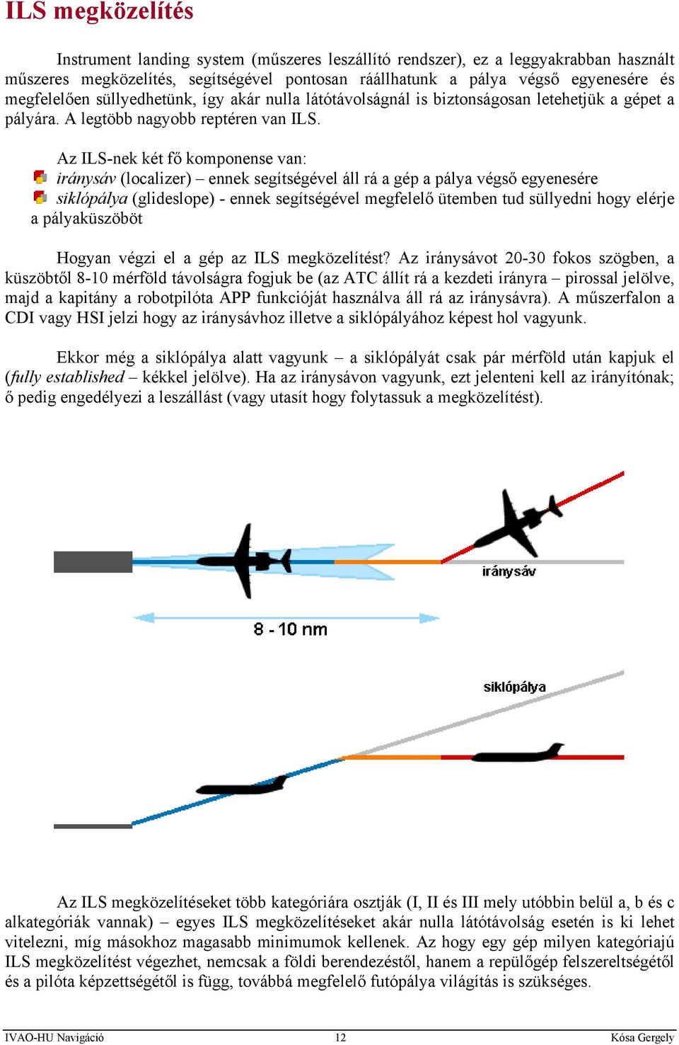 Az ILS-nek két fő komponense van: iránysáv (localizer) ennek segítségével áll rá a gép a pálya végső egyenesére siklópálya (glideslope) - ennek segítségével megfelelő ütemben tud süllyedni hogy