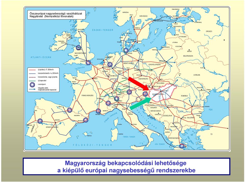 - Ó C E Á N Porto új építésû, v >_ 250km/h Sevilla Cork korszerûsítendô v=± 200km/h korszerûsítés, vagy új építés új kapcs olat csomópont tárgyalás alatti, meghatározatlan kapcsolat MADRID