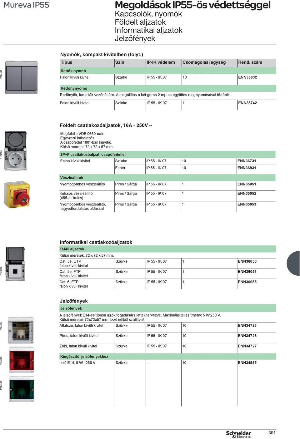 Falon kívüli IP 55 IK 07 1 ENN35742 Földelt csatlakozóaljzatok, 16A 250V ~ Megfelel a VDE 0660nak. Egyszerű kábelezés. A csapófedél 180 ban kinyílik. Külső méretei: 72 x 72 x 57 mm.