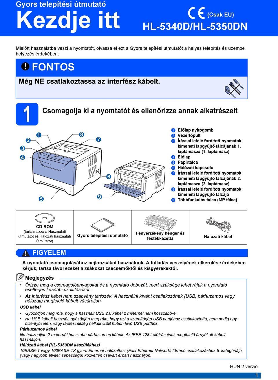 1 Csomagolja 2 3 4 1 5 ki a nyomtatót és ellenőrizze annak alkatrészeit 8 7 9 6 a Előlap nyitógomb b Vezérlőpult c Írással lefelé fordított nyomatok kimeneti lapgyűjtő tálcájának 1. laptámasza (1.