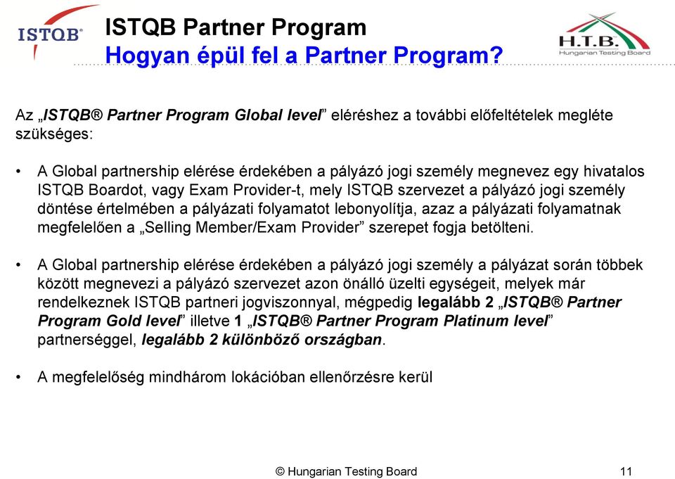 Exam Provider-t, mely ISTQB szervezet a pályázó jogi személy döntése értelmében a pályázati folyamatot lebonyolítja, azaz a pályázati folyamatnak megfelelően a Selling Member/Exam Provider szerepet