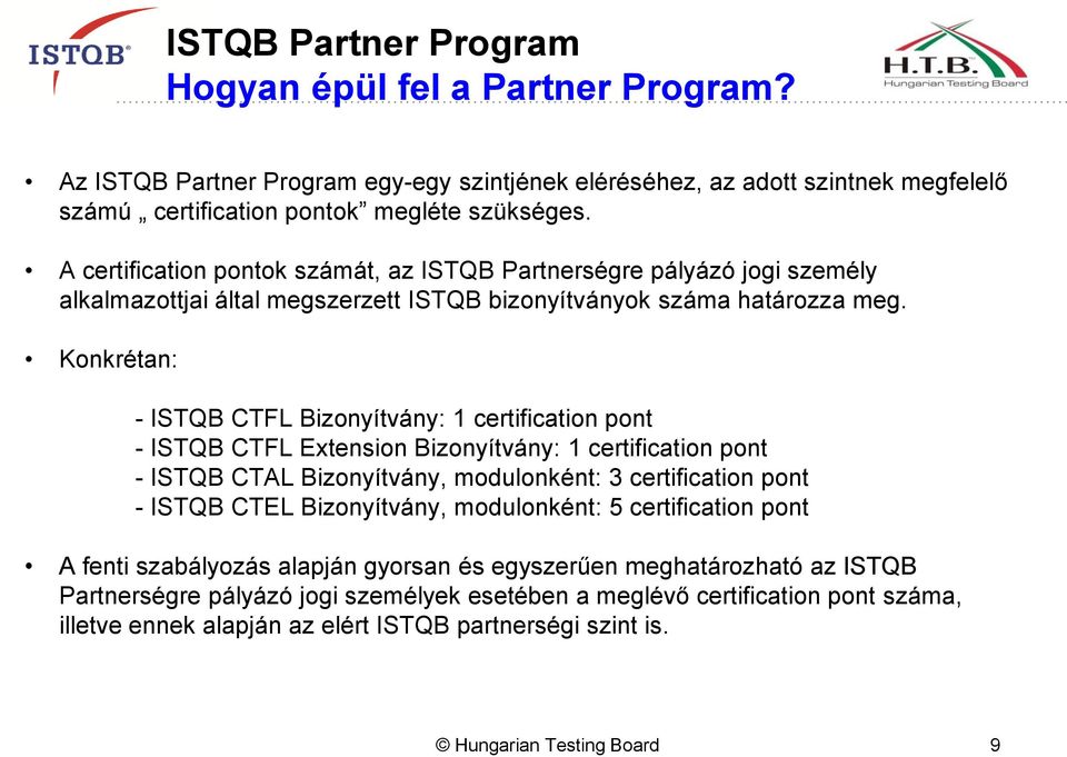 Konkrétan: - ISTQB CTFL Bizonyítvány: 1 certification pont - ISTQB CTFL Extension Bizonyítvány: 1 certification pont - ISTQB CTAL Bizonyítvány, modulonként: 3 certification pont - ISTQB CTEL