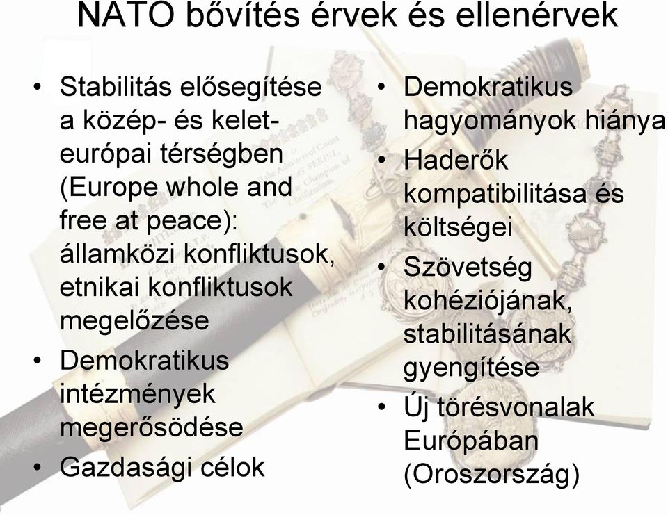 intézmények megerősödése Gazdasági célok Demokratikus hagyományok hiánya Haderők kompatibilitása