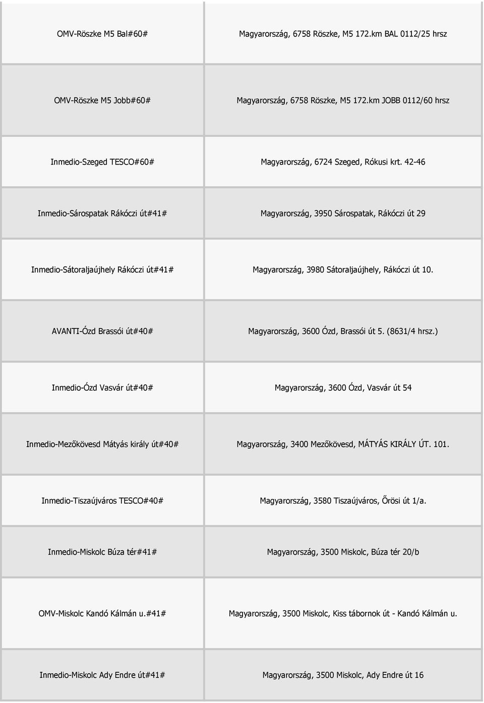 42-46 Inmedio-Sárospatak Rákóczi út#41# Magyarország, 3950 Sárospatak, Rákóczi út 29 Inmedio-Sátoraljaújhely Rákóczi út#41# Magyarország, 3980 Sátoraljaújhely, Rákóczi út 10.