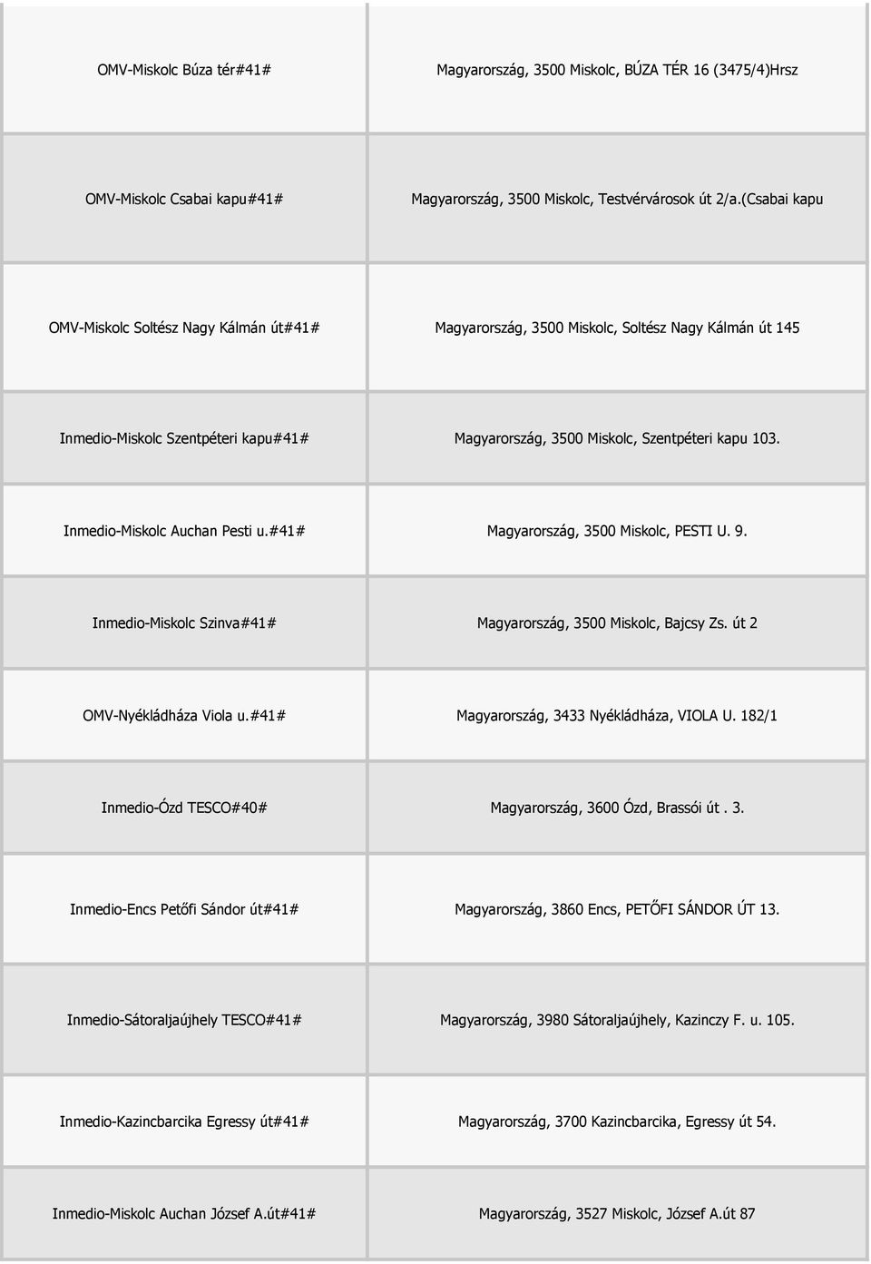 Inmedio-Miskolc Auchan Pesti u.#41# Magyarország, 3500 Miskolc, PESTI U. 9. Inmedio-Miskolc Szinva#41# Magyarország, 3500 Miskolc, Bajcsy Zs. út 2 OMV-Nyékládháza Viola u.