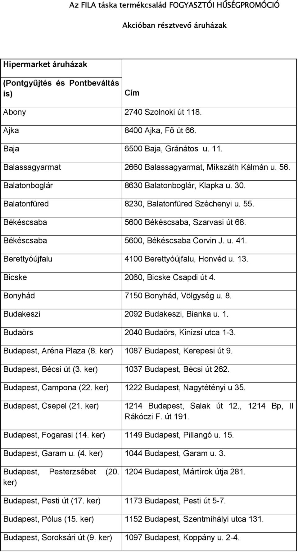 Békéscsaba 5600 Békéscsaba, Szarvasi út 68. Békéscsaba 5600, Békéscsaba Corvin J. u. 41. Berettyóújfalu 4100 Berettyóújfalu, Honvéd u. 13. Bicske 2060, Bicske Csapdi út 4.