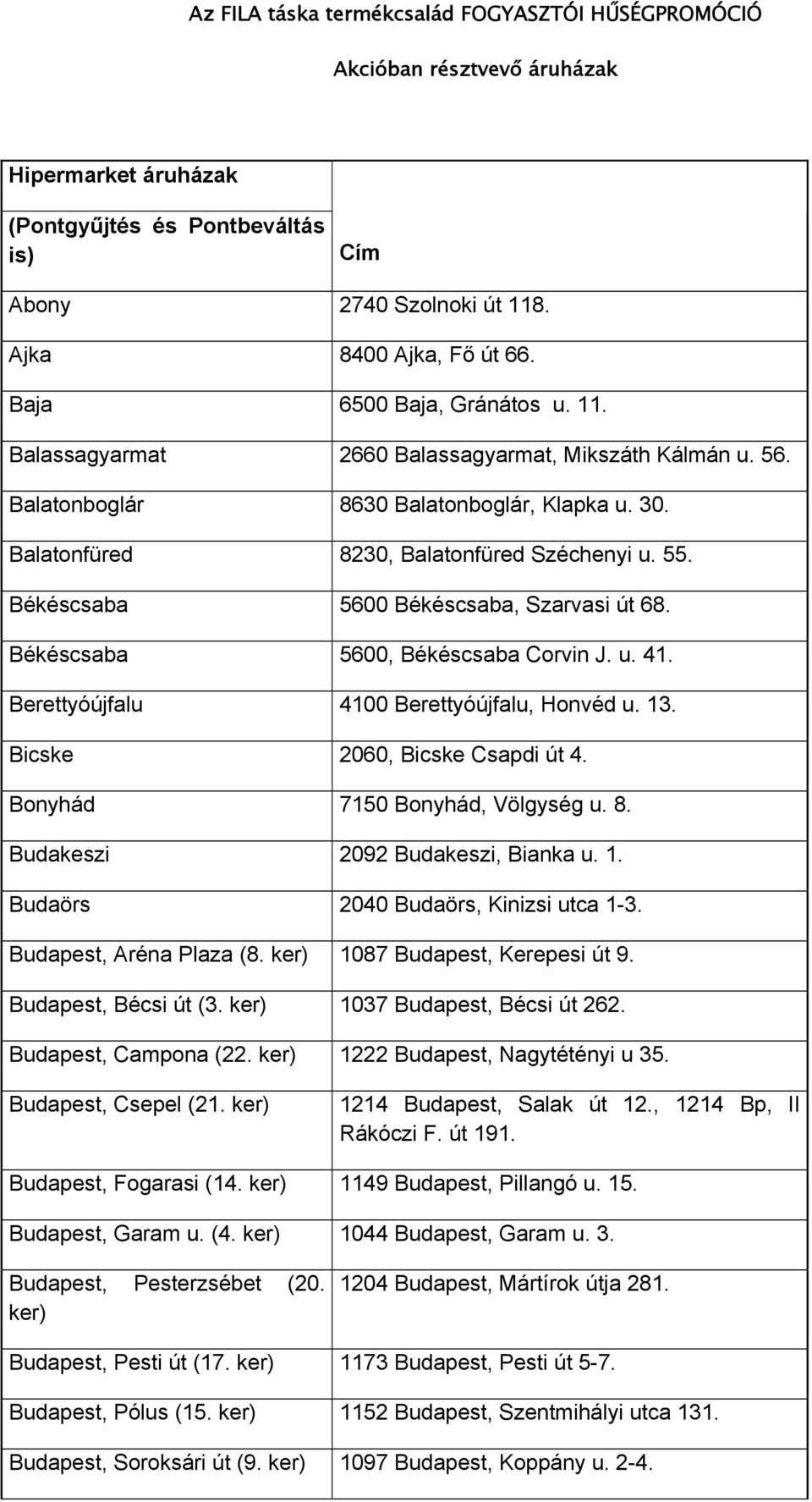 Békéscsaba 5600 Békéscsaba, Szarvasi út 68. Békéscsaba 5600, Békéscsaba Corvin J. u. 41. Berettyóújfalu 4100 Berettyóújfalu, Honvéd u. 13. Bicske 2060, Bicske Csapdi út 4.