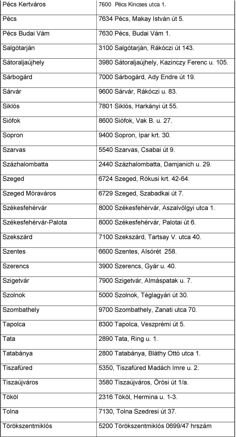 Siófok 8600 Siófok, Vak B. u. 27. Sopron 9400 Sopron, Ipar krt. 30. Szarvas 5540 Szarvas, Csabai út 9. Százhalombatta 2440 Százhalombatta, Damjanich u. 29. Szeged 6724 Szeged, Rókusi krt. 42-64.