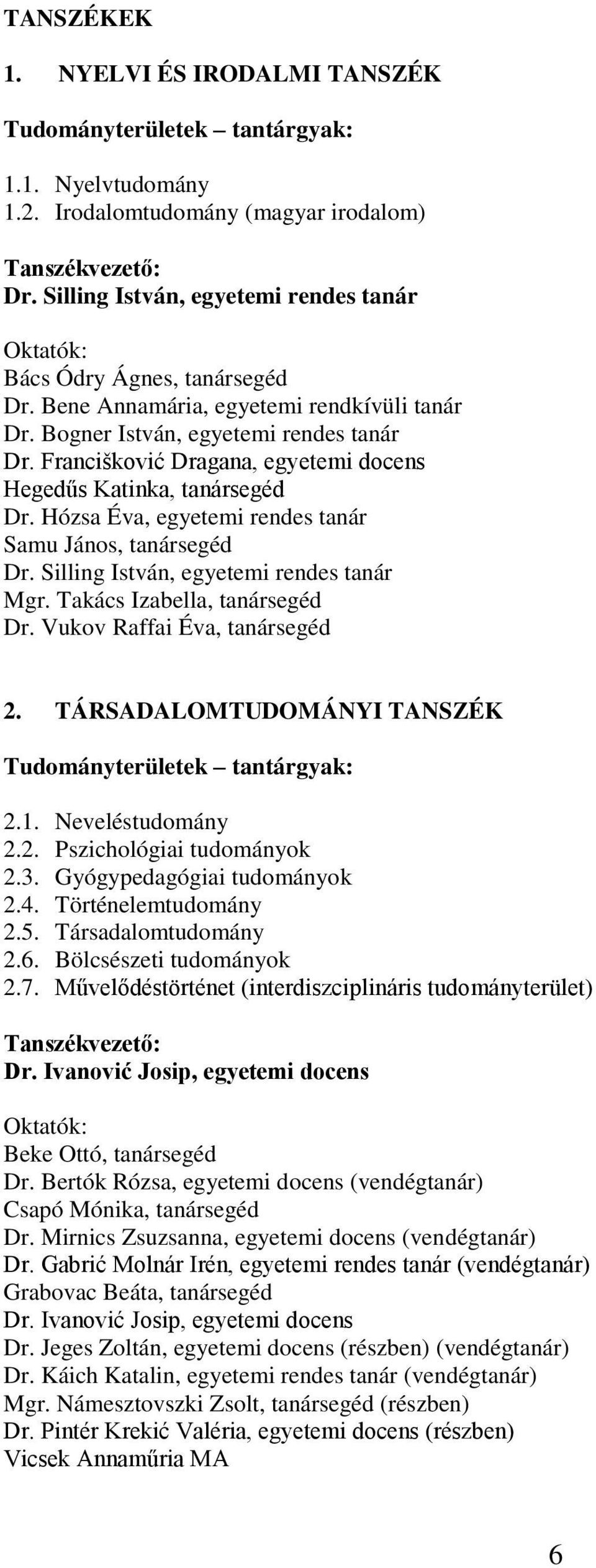 Francišković Dragana, egyetemi docens Hegedűs Katinka, tanársegéd Dr. Hózsa Éva, egyetemi rendes tanár Samu János, tanársegéd Dr. Silling István, egyetemi rendes tanár Mgr.