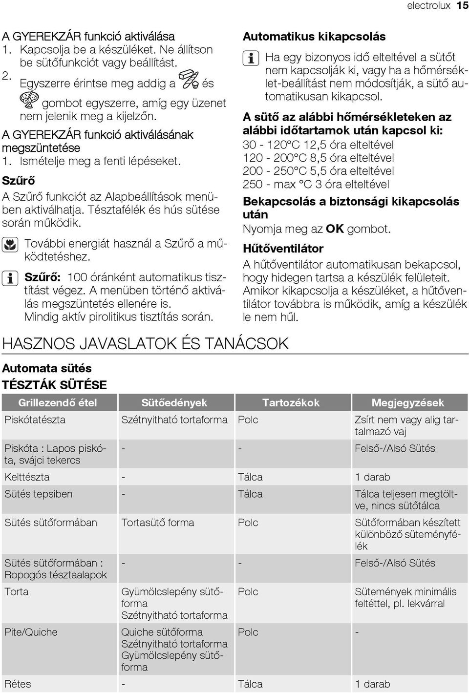 Szűrő A Szűrő funkciót az Alapbeállítások menüben aktiválhatja. Tésztafélék és hús sütése során működik. További energiát használ a Szűrő a működtetéshez.