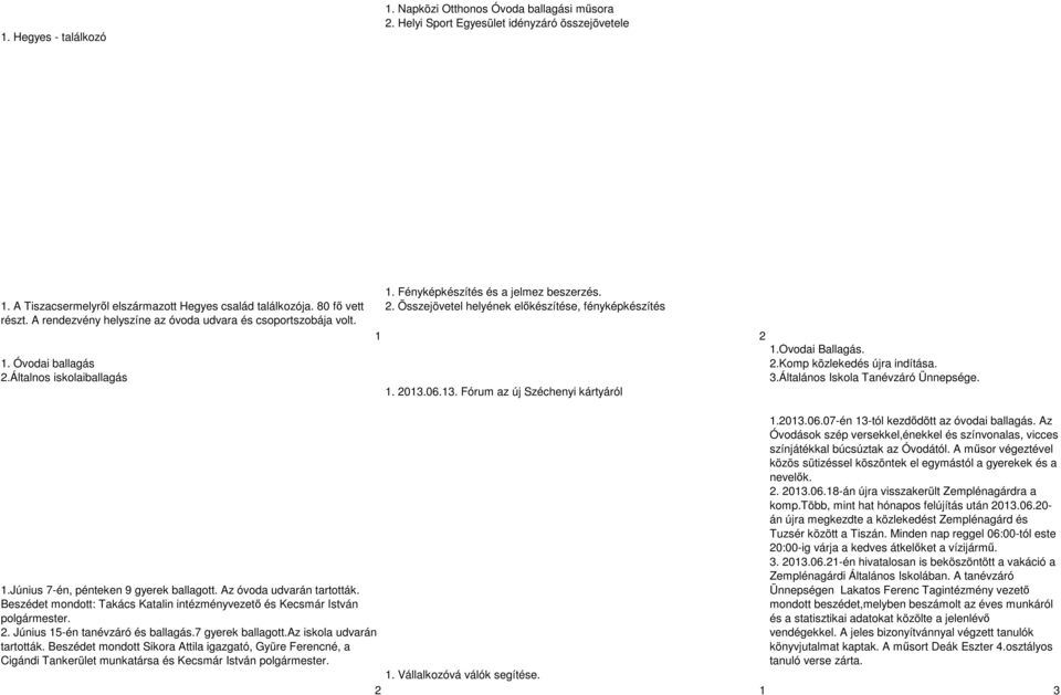 2013.06.13. Fórum az új Széchenyi kártyáról 1.Óvodai Ballagás. 2.Komp közlekedés újra indítása. 3.Általános Iskola Tanévzáró Ünnepsége. 1.2013.06.07-én 13-tól kezdődött az óvodai ballagás.