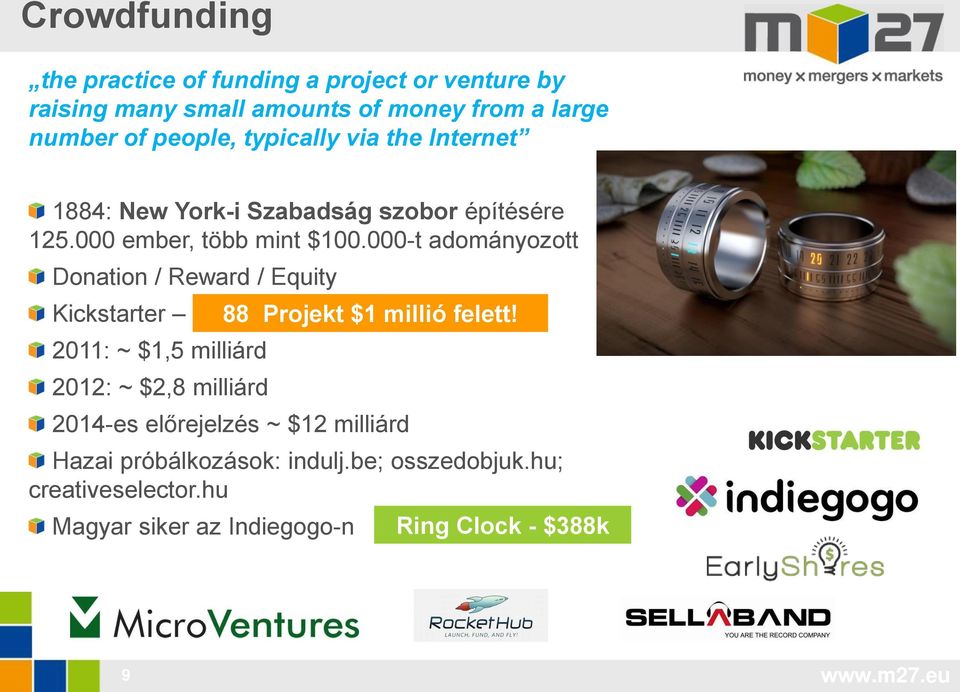 000-t adományozott Donation / Reward / Equity Kickstarter 2011: ~ $1,5 milliárd 2012: ~ $2,8 milliárd 88 Projekt $1 millió