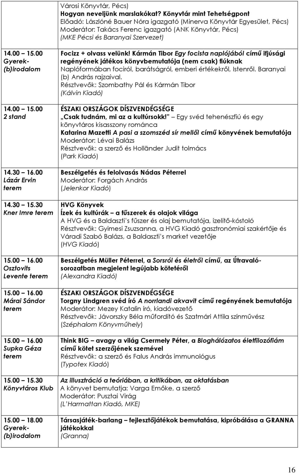 00 Lázár Ervin 14.30 15.30 Kner Imre Osztovits Levente Márai Sándor Supka Géza 15.00 15.30 Könyvtáros Klub 15.00 18.00 Focizz + olvass velünk!