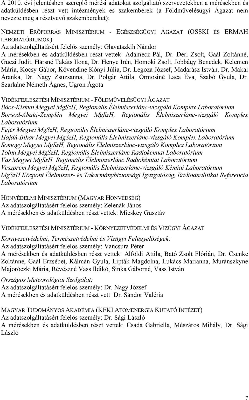 szakembereket): NEMZETI ERŐFORRÁS MINISZTÉRIUM - EGÉSZSÉGÜGYI ÁGAZAT (OSSKI ÉS ERMAH LABORATÓRIUMOK) Az adatszolgáltatásért felelős személy: Glavatszkih Nándor A mérésekben és adatküldésben részt