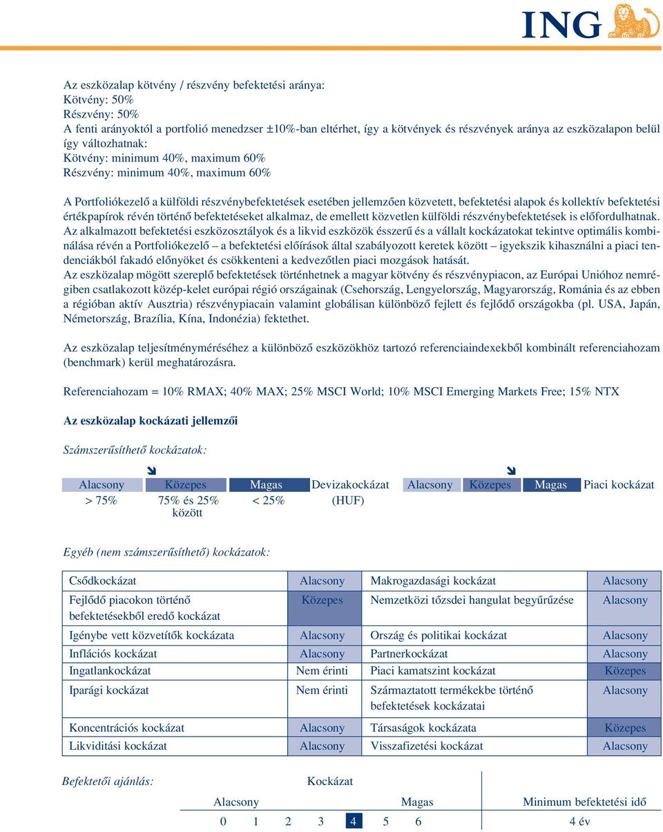 így változhatnak: Kötvény: minimum 40%, maximum 60% Részvény: minimum 40%, maximum 60% A Portfoliókezelô a külföldi részvénybefektetések esetében jellemzôen közvetett, befektetési alapok és kollektív