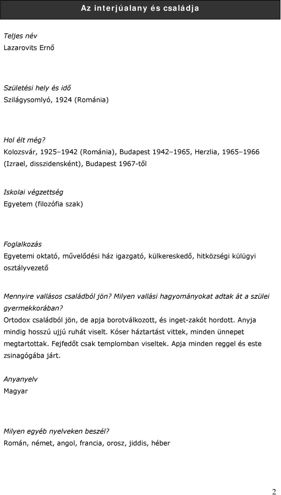 Milyen vallási hagyományokat adtak át a szülei gyermekkorában? Ortodox családból jön, de apja borotválkozott, és inget-zakót hordott. Anyja mindig hosszú ujjú ruhát viselt.