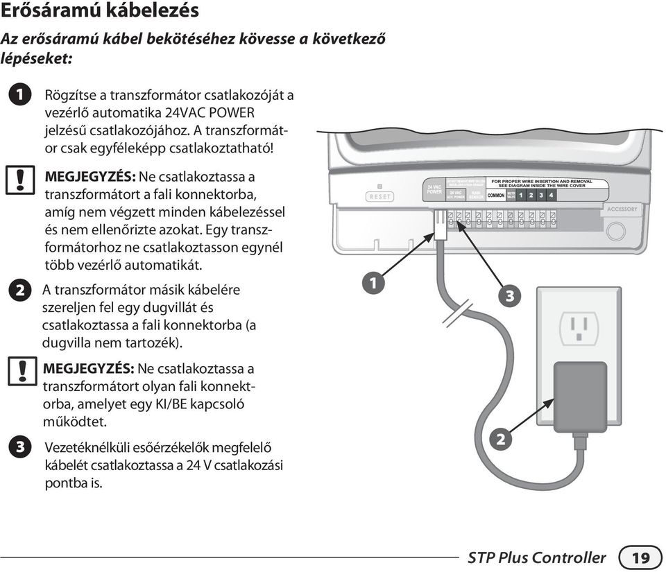 Egy transzformátorhoz ne csatlakoztasson egynél több vezérlő automatikát. transzformátor másik kábelére szereljen fel egy dugvillát és csatlakoztassa a fali konnektorba (a dugvilla nem tartozék).