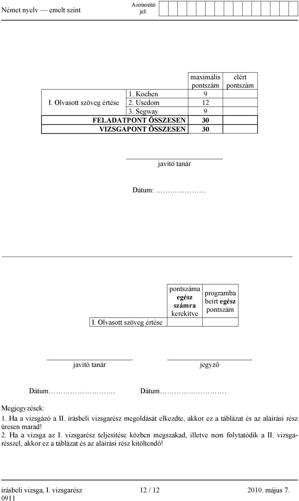 Olvasott szöveg értése pontszáma egész számra kerekítve programba beírt egész pontszám javító tanár jegyző Dátum. Dátum. Megjegyzések: 1. Ha a vizsgázó a II.