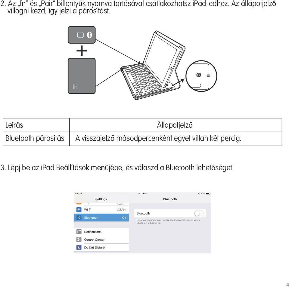 fn Leírás Bluetooth párosítás Állapotjelző A visszajelző másodpercenként