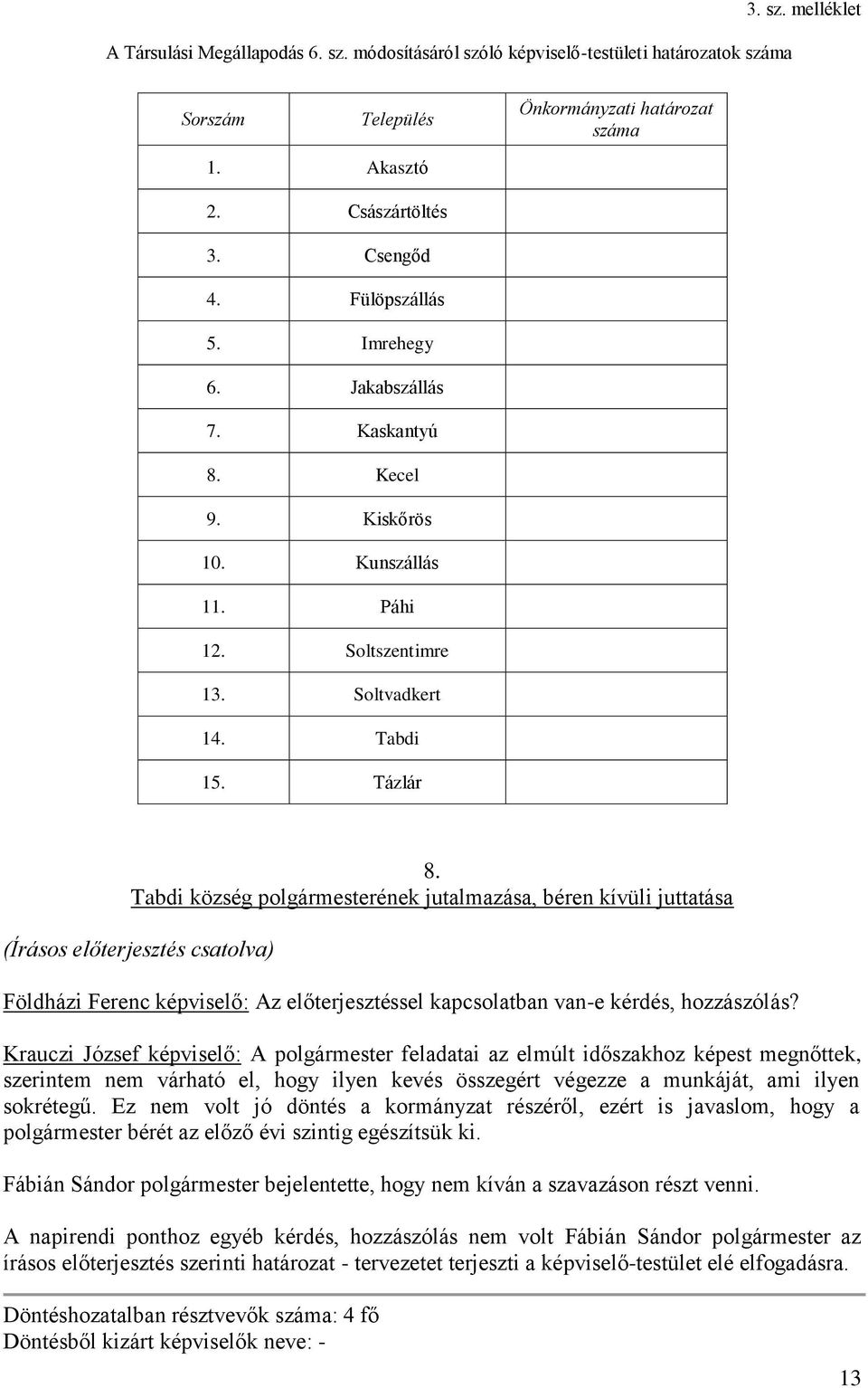 Tabdi község polgármesterének jutalmazása, béren kívüli juttatása (Írásos előterjesztés csatolva) Földházi Ferenc képviselő: Az előterjesztéssel kapcsolatban van-e kérdés, hozzászólás?