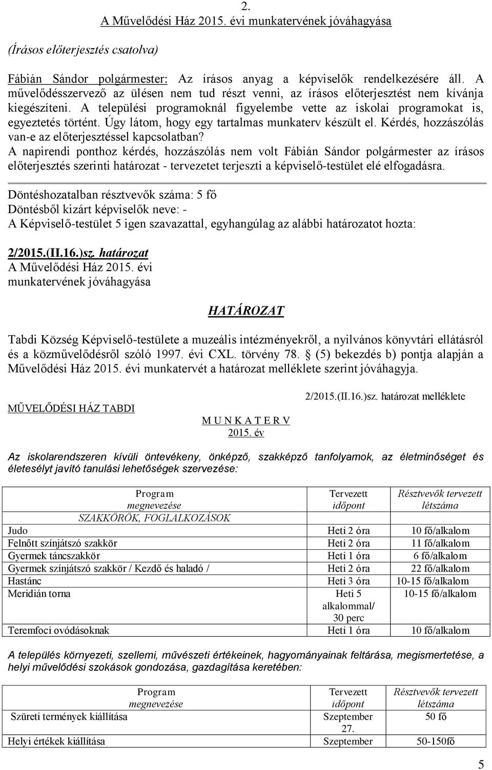 Úgy látom, hogy egy tartalmas munkaterv készült el. Kérdés, hozzászólás van-e az előterjesztéssel kapcsolatban?