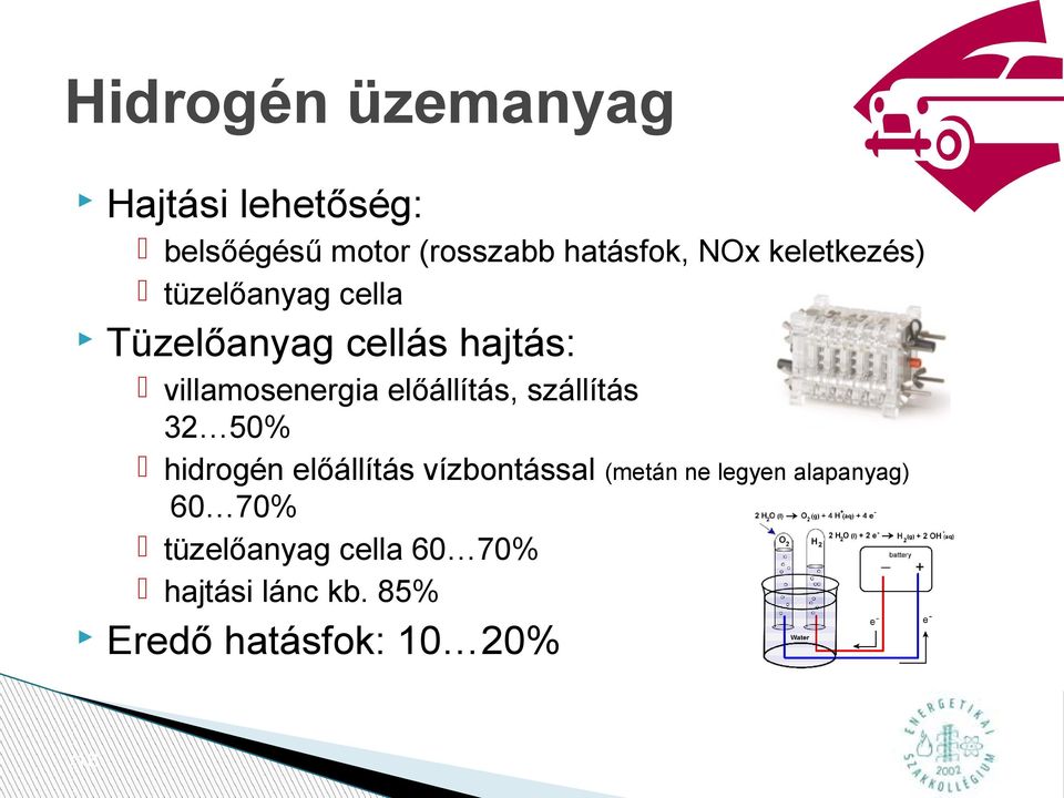 előállítás, szállítás 32 50% hidrogén előállítás vízbontással (metán ne legyen