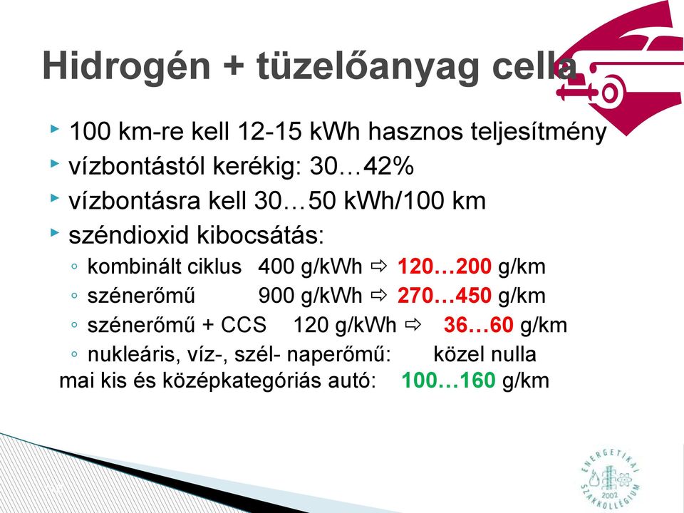 400 g/kwh 120 200 g/km szénerőmű 900 g/kwh 270 450 g/km szénerőmű + CCS 120 g/kwh 36 60