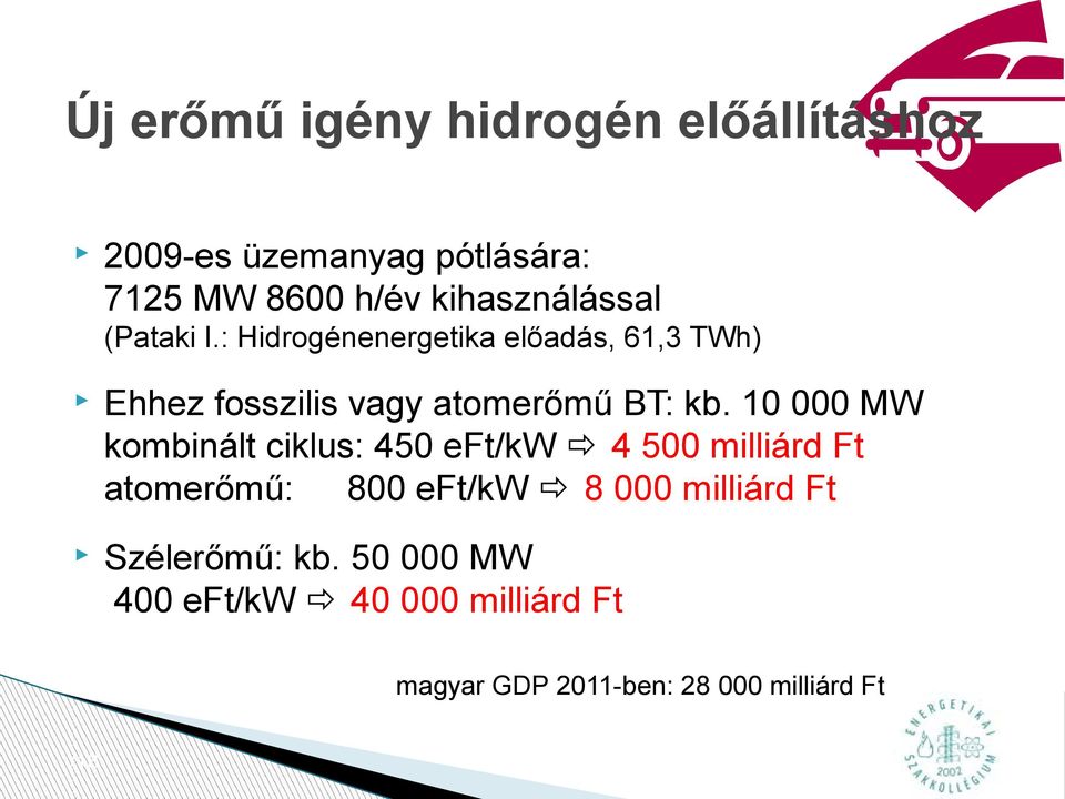 : Hidrogénenergetika előadás, 61,3 TWh) Ehhez fosszilis vagy atomerőmű BT: kb.