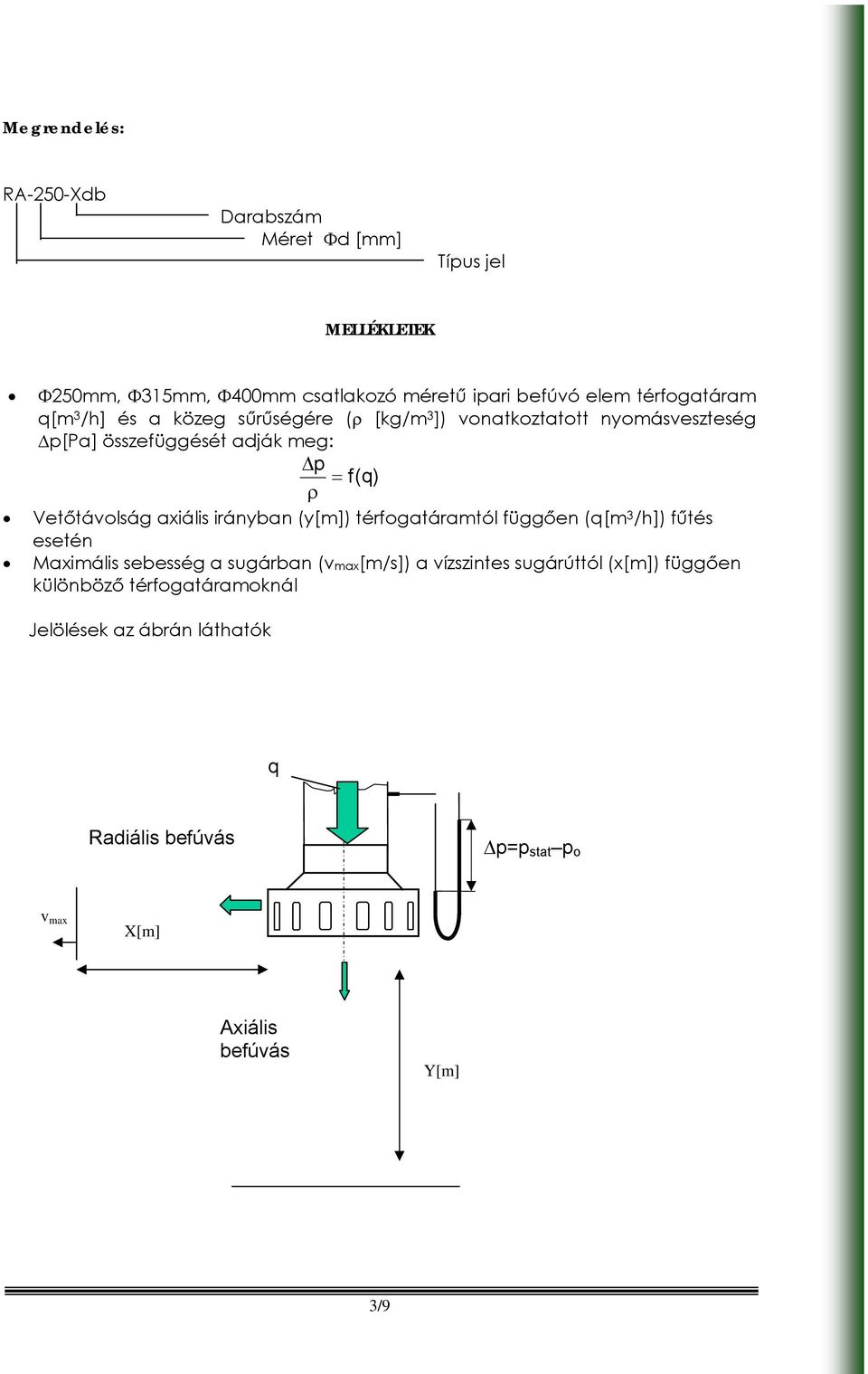 Vetőtávolság axiális irányban (y[m]) térfogatáramtól függően (q[m 3 /h]) fűtés esetén Maximális sebesség a sugárban (vmax) a vízszintes