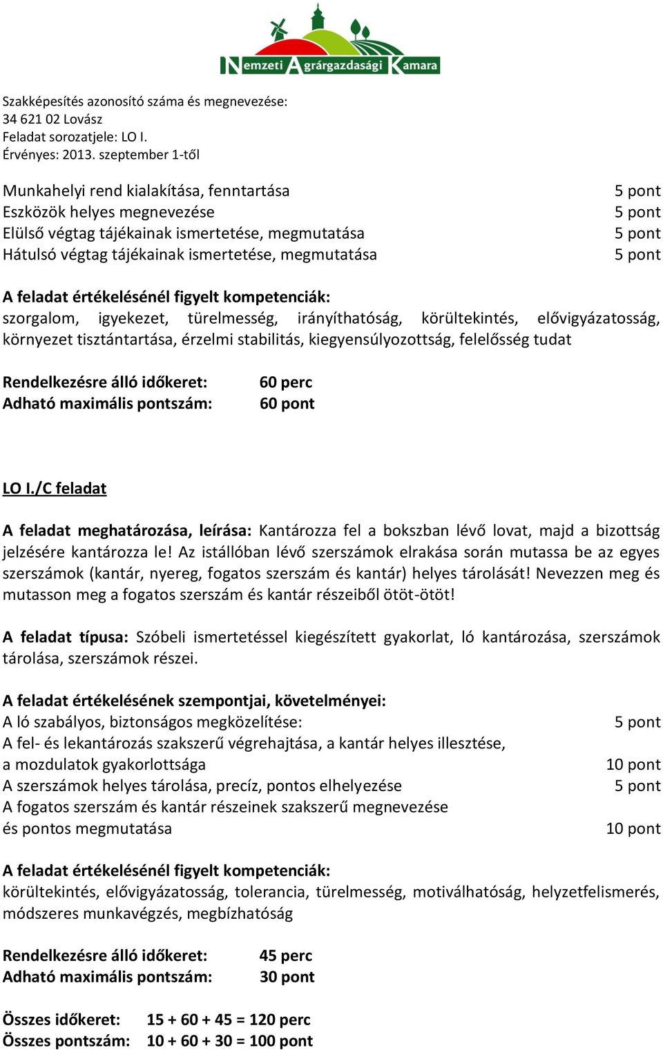 60 pont LO I./C feladat A feladat meghatározása, leírása: Kantározza fel a bokszban lévő lovat, majd a bizottság jelzésére kantározza le!