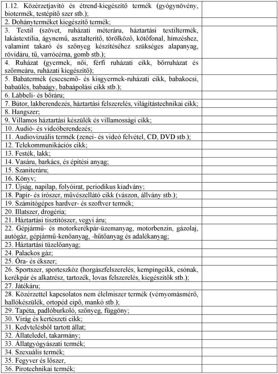 rövidáru, tű, varrócérna, gomb stb.); 4. Ruházat (gyermek, női, férfi ruházati cikk, bőrruházat és szőrmeáru, ruházati kiegészítő); 5.