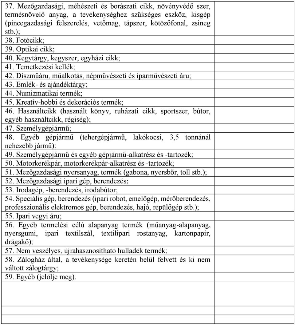 Numizmatikai termék; 45. Kreatív-hobbi és dekorációs termék; 46. Használtcikk (használt könyv, ruházati cikk, sportszer, bútor, egyéb használtcikk, régiség); 47. Személygépjármű; 48.